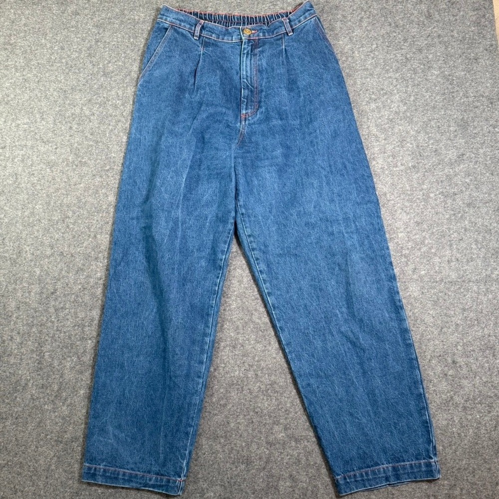 Big Bud Press Trousers Denim Blue Red Contrast Stitch Elastic Back Pants Size M